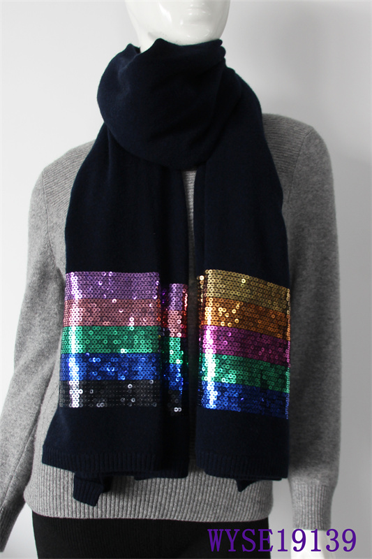 Colorful sequin striped pure cashmere scarf
