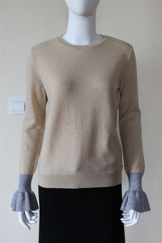 Pure Cashmere Sweater with Color-Block Ruffle Cuffs
