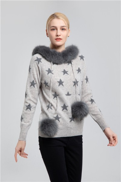 Hoody cashmere sweater with fur trim and  pompom  LN-102-S